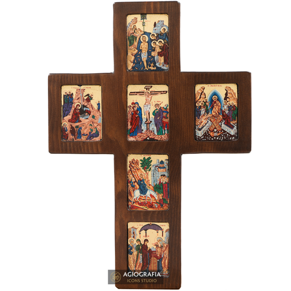 Orthodox Cross with 6 Themes Christian Icon with Gold Leaf