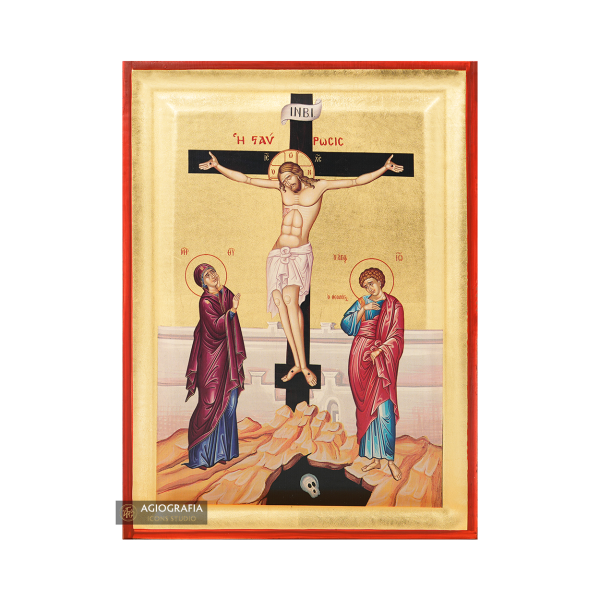 Crucifixion of The Lord Byzantine Orthodox Wood Icon with Gold Leaf