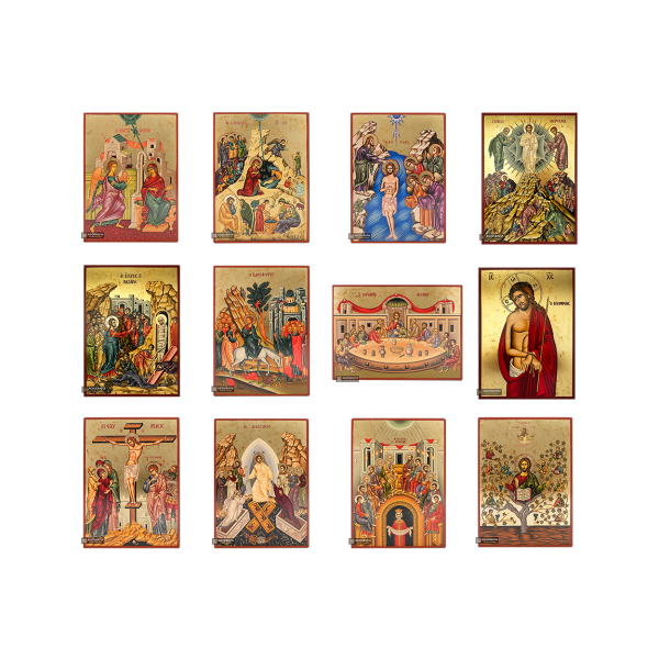 Set of 12 Great Feasts Gold Print Icons with Aged Gold Foil