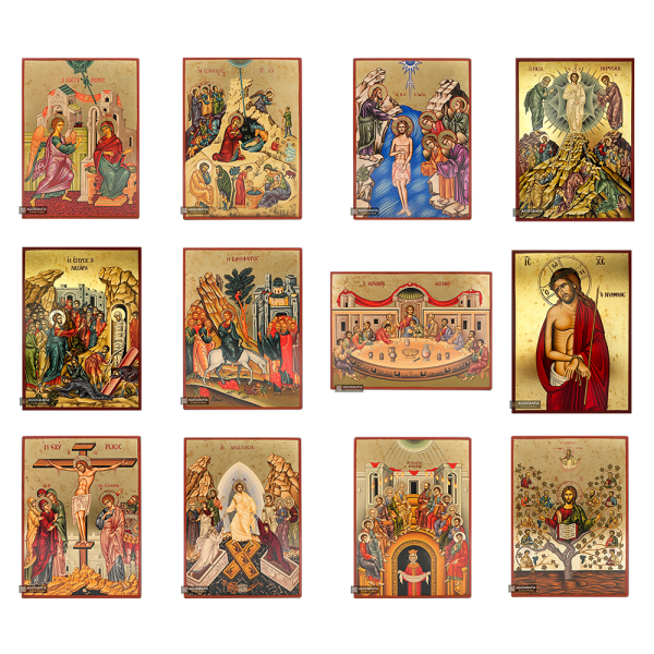 Set of 12 Great Feasts Gold Print Icons with Aged Gold Foil
