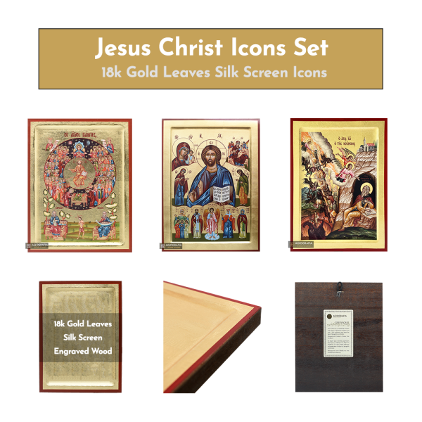 18k Jesus Christ Icons Set - 3 Small Gold Leaf Christian Icons