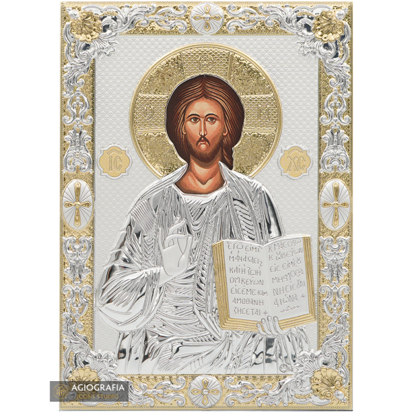 Jesus Christ The One Who Blesses Silver Plated Christian Icon on Wood