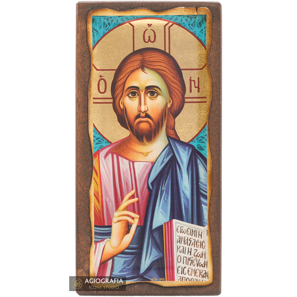 Jesus Christ The One Who Blesses Christian Icon with Aged Gold Leaves