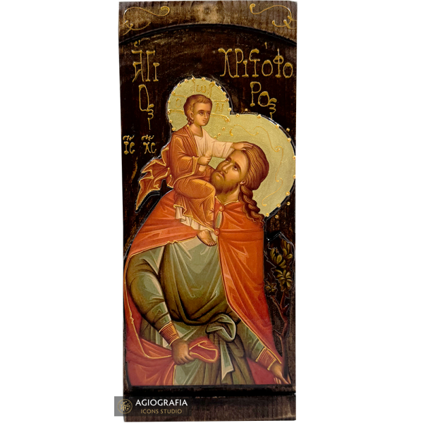 St Christopher Byzantine Greek Gold Print Icon on Carved Wood