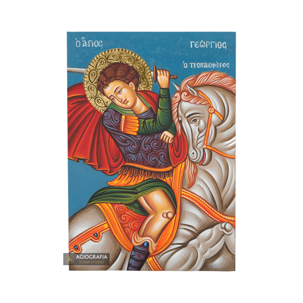 Saint George Handwritten Icon with 24k Polished Engraved Halo