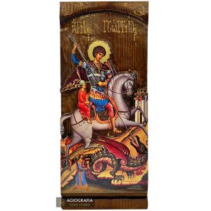 Saint George on horseback Gold Print Icon on Carved Wood