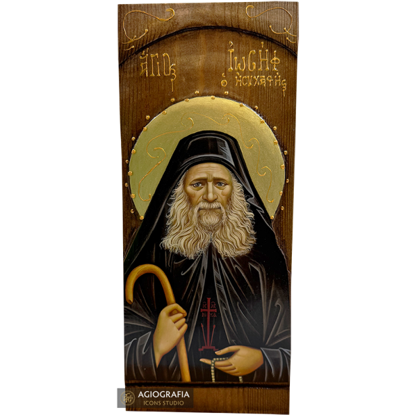 Saint Joseph the Hesychast Gold Print Icon on Carved Wood