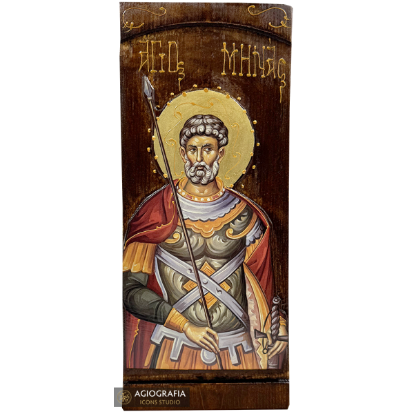 Saint Menas Orthodox Gold Print Icon on Carved Wood