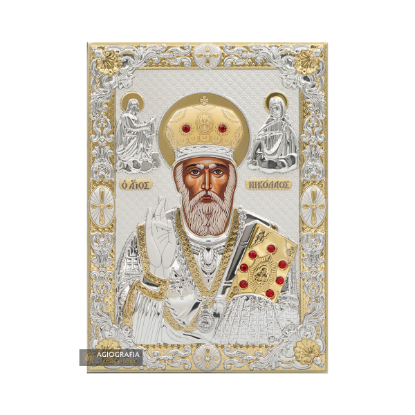 Saint Nicholas Silver Gold Plated Christian Icon on Wood