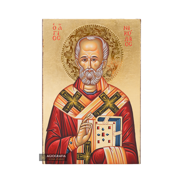 St. Nickolas Handwritten Icon with Gold Leaves and 24k Polished Halo