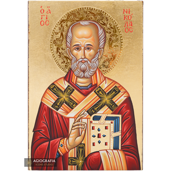 St. Nickolas Handwritten Icon with Gold Leaves and 24k Polished Halo