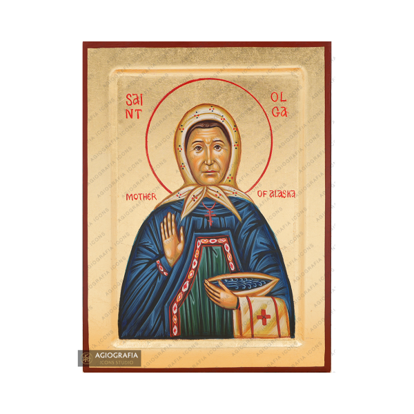 Saint Olga of Alaska Handwritten Icon with Matte Gold Leaves