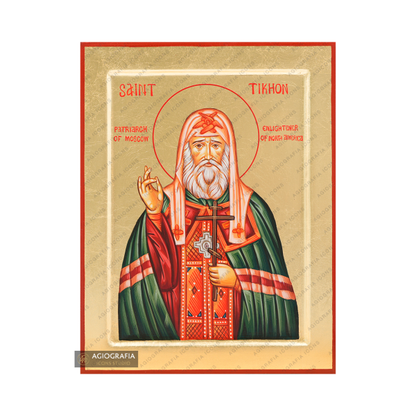 Saint Tikhon Handwritten Orthodox Icon with Matte Gold Leaves