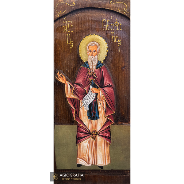 Saint Theofilus Orthodox Greek Gold Print Icon on Carved Wood