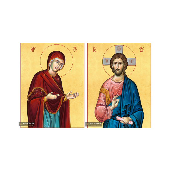 2 Christian Icons Jesus Christ Virgin Mary on Wood with 22k Gold Leaf
