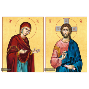 2 Christian Icons Jesus Christ Virgin Mary on Wood with 22k Gold Leaf