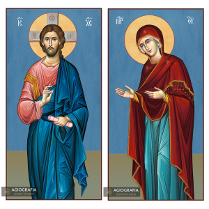 2 Christian Icons Jesus Christ Virgin Mary on Wood - Blue Background