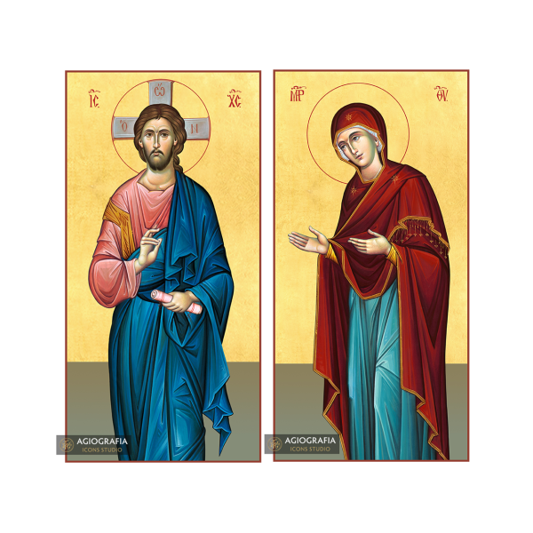 2 Christian Icons Jesus Christ Virgin Mary on Wood with 22k Gold Leaf