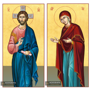 2 Christian Icons Jesus Christ Virgin Mary on Wood with 22k Gold Leaf