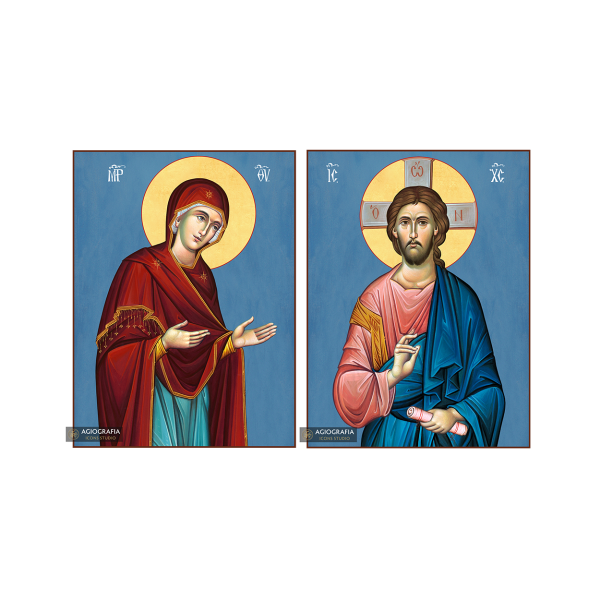 2 Christian Icons Jesus Christ Virgin Mary on Wood - Blue Background