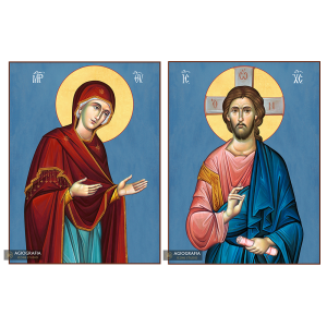 2 Christian Icons Jesus Christ Virgin Mary on Wood - Blue Background