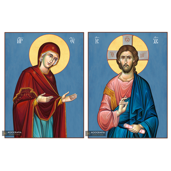 2 Christian Icons Jesus Christ Virgin Mary on Wood - Blue Background