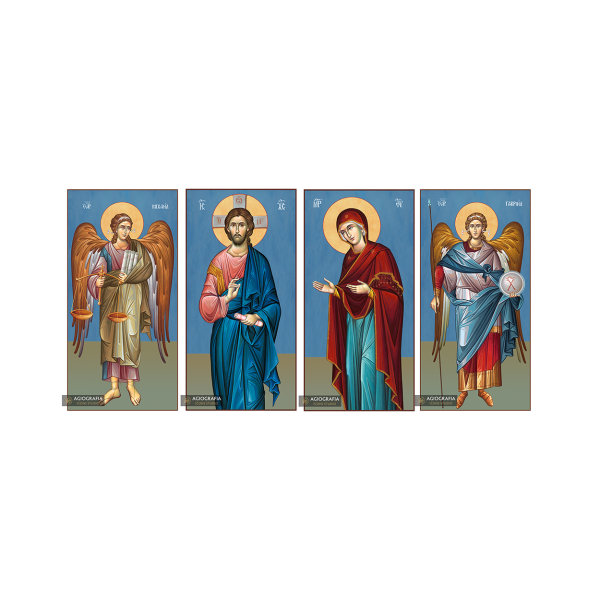 4 Icons Christ Virgin Mary Archangels Michael Gabriel Blue Background