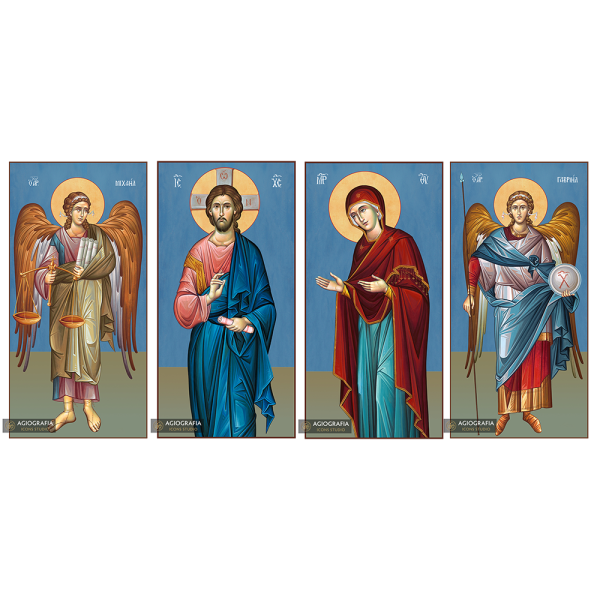 4 Icons Christ Virgin Mary Archangels Michael Gabriel Blue Background