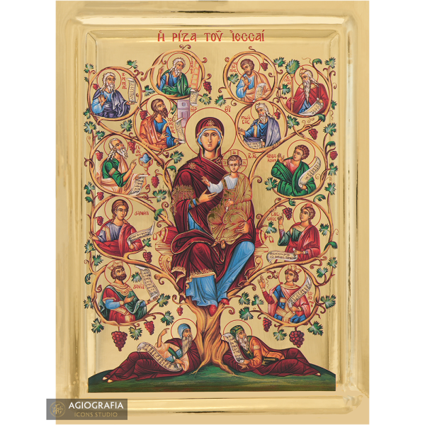 Tree of Jesse Greek Icon on Wood with Gilding Effect