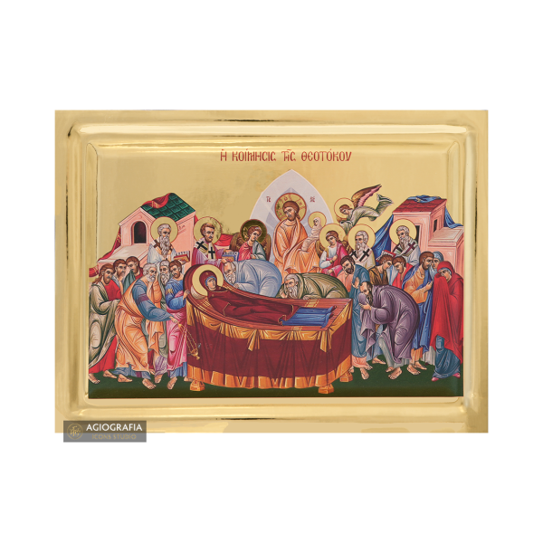 Dormition of Virgin Mary Icon on Wood with Gilding Effect
