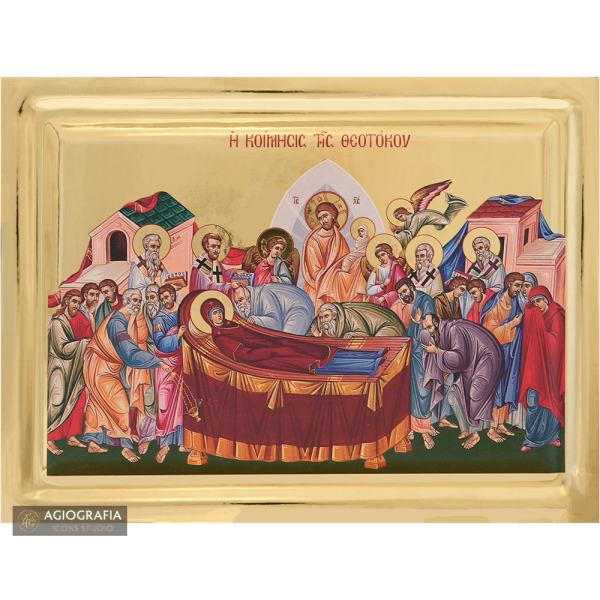 Dormition of Virgin Mary Icon on Wood with Gilding Effect