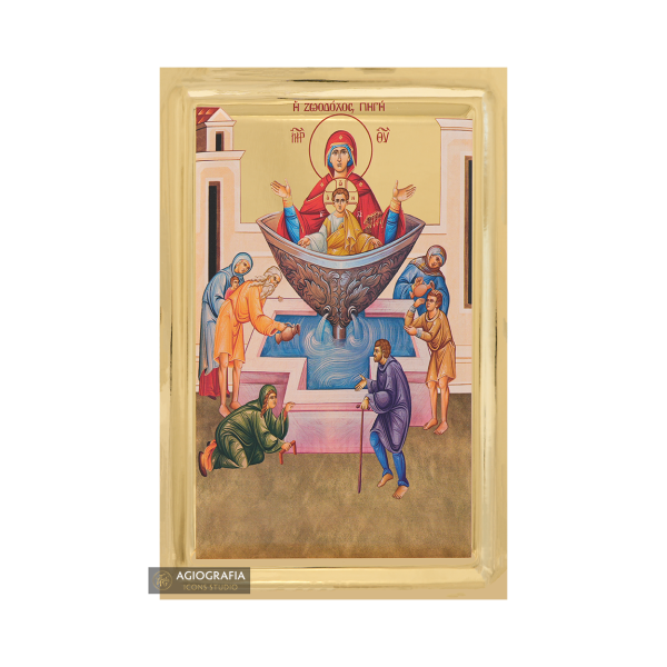 Virgin Mary Fountain of Life Icon on Wood with Gilding Effect