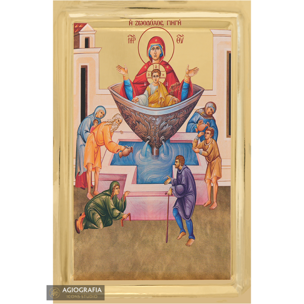 Virgin Mary Fountain of Life Icon on Wood with Gilding Effect