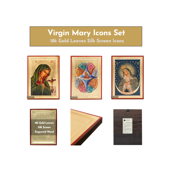 18k Virgin Mary Icons Set - 3 Small Gold Leaf Christian Icons