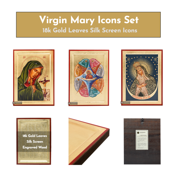 18k Virgin Mary Icons Set - 3 Small Gold Leaf Christian Icons