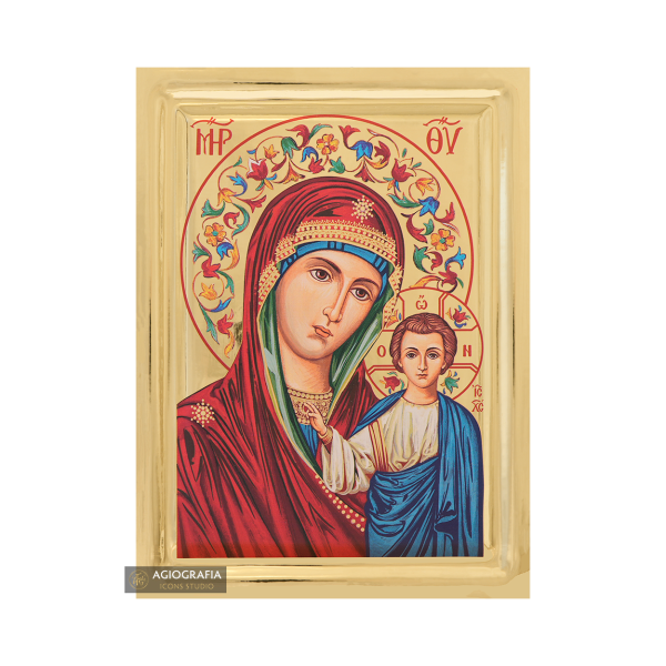 Virgin Mary of Kazan Greek Icon on Wood with Gilding Effect