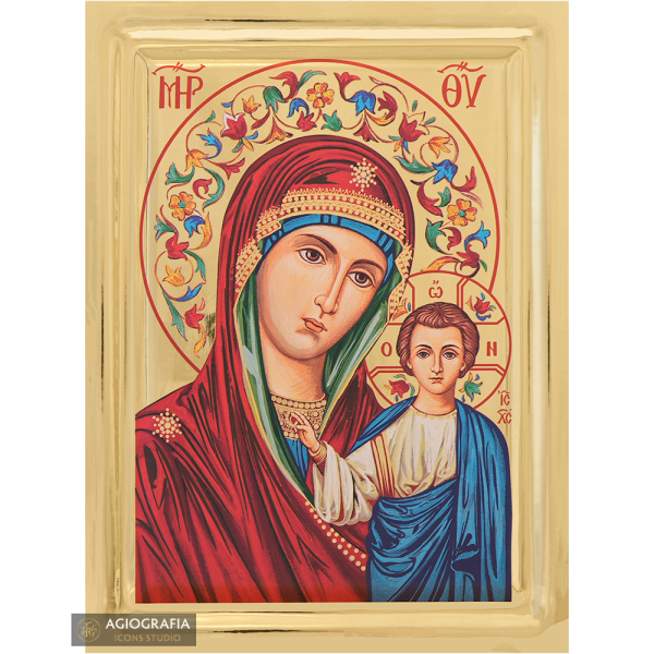 Virgin Mary of Kazan Greek Icon on Wood with Gilding Effect