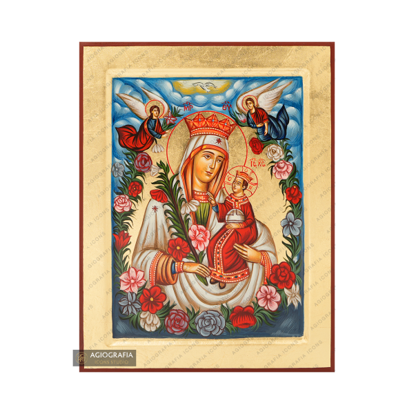 Virgin Mary Mystical Rose Handwritten Icon with Gold Leaves Background