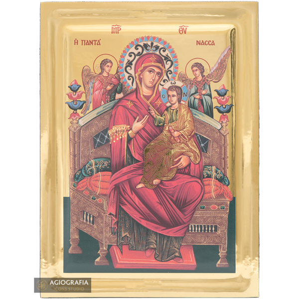 Virgin Mary Queen of All Greek Icon on Wood with Gilding Effect