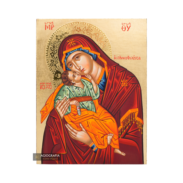 Virgin Mary Sweet Kissing Handwritten Icon with Gold Leaves and 24k Polished Engraved Halo