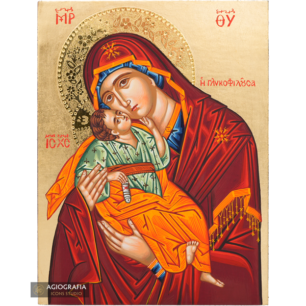 Virgin Mary Sweet Kissing Handwritten Icon with Gold Leaves and 24k Polished Engraved Halo