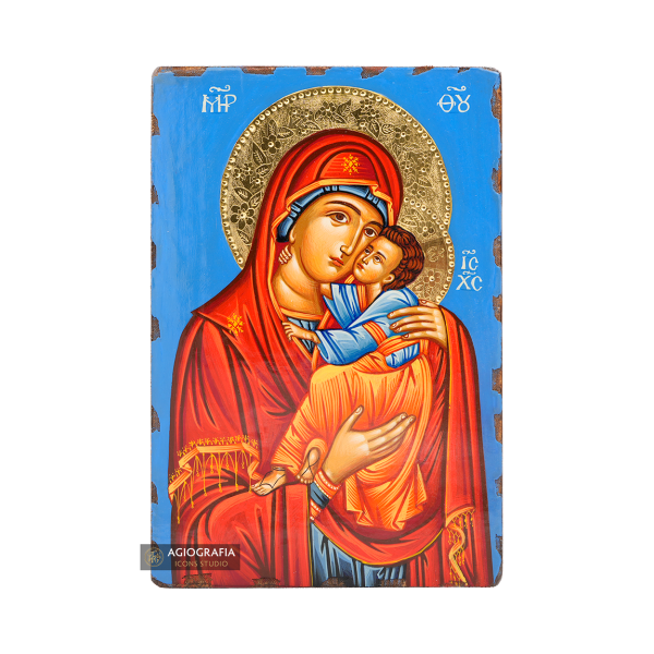Virgin Mary holding Jesus Christ Handwritten Icon with 24k Polished Engraved Halo