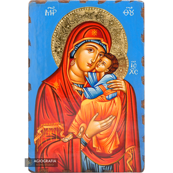 Virgin Mary holding Jesus Christ Handwritten Icon with 24k Polished Engraved Halo