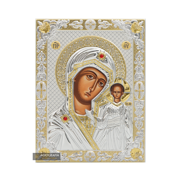 Virgin Mary of Kazan Silver Gold Plated Christian Icon on Wood