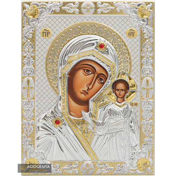 Virgin Mary of Kazan Silver Gold Plated Christian Icon on Wood