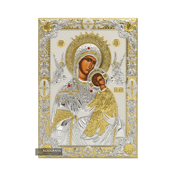 Virgin Mary of Passion (Amolintos) Silver Gold Plated Icon on Wood