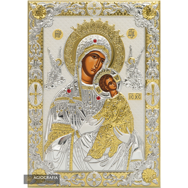 Virgin Mary of Passion (Amolintos) Silver Gold Plated Icon on Wood