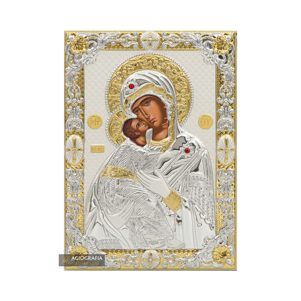 Virgin Mary of Vladimir Silver Gold Plated Christian Icon on Wood