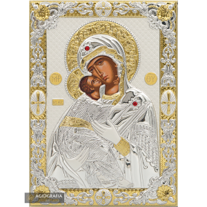 Virgin Mary of Vladimir Silver Gold Plated Christian Icon on Wood