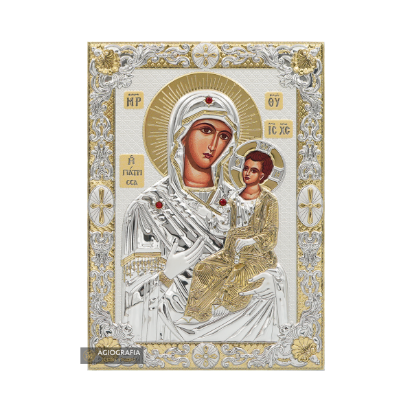 Virgin Mary the Healer (Giatrissa) Silver Gold Plated Icon on Wood